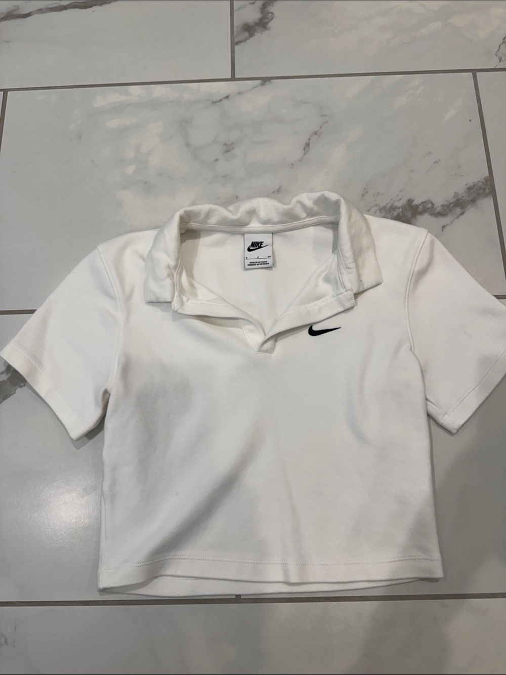 Nike White Cropped Collared Polo with Black Swoosh